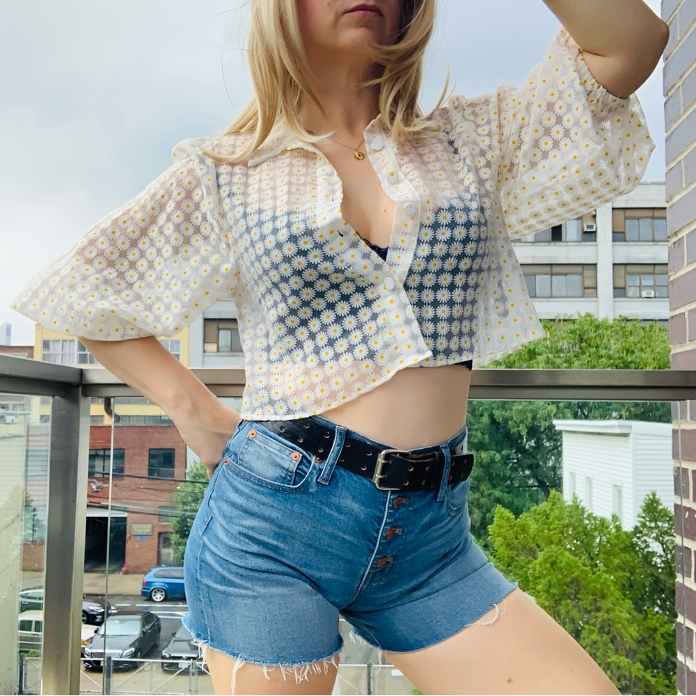 Zara Daisies Balloon Lantern 3/4 Sleeves Crop Top - Picture 2 of 16